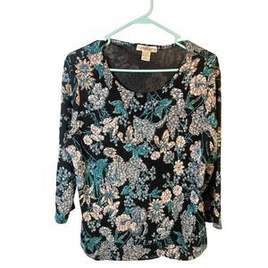 Vintage Notations Women's Top XL Boho Floral Artsy Embroidered Shirt Black